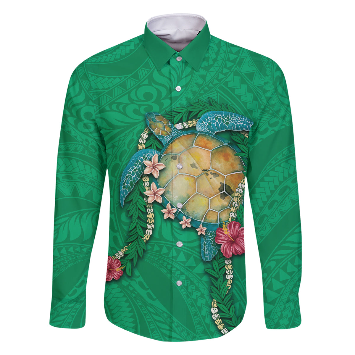 Hawaii Pikake and Maile Lei Family Matching Off Shoulder Short Dress and Hawaiian Shirt Honu Polynesian Pattern Green Color