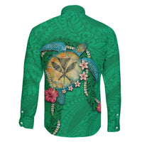Hawaii Pikake and Maile Lei Family Matching Off Shoulder Short Dress and Hawaiian Shirt Honu Polynesian Pattern Green Color