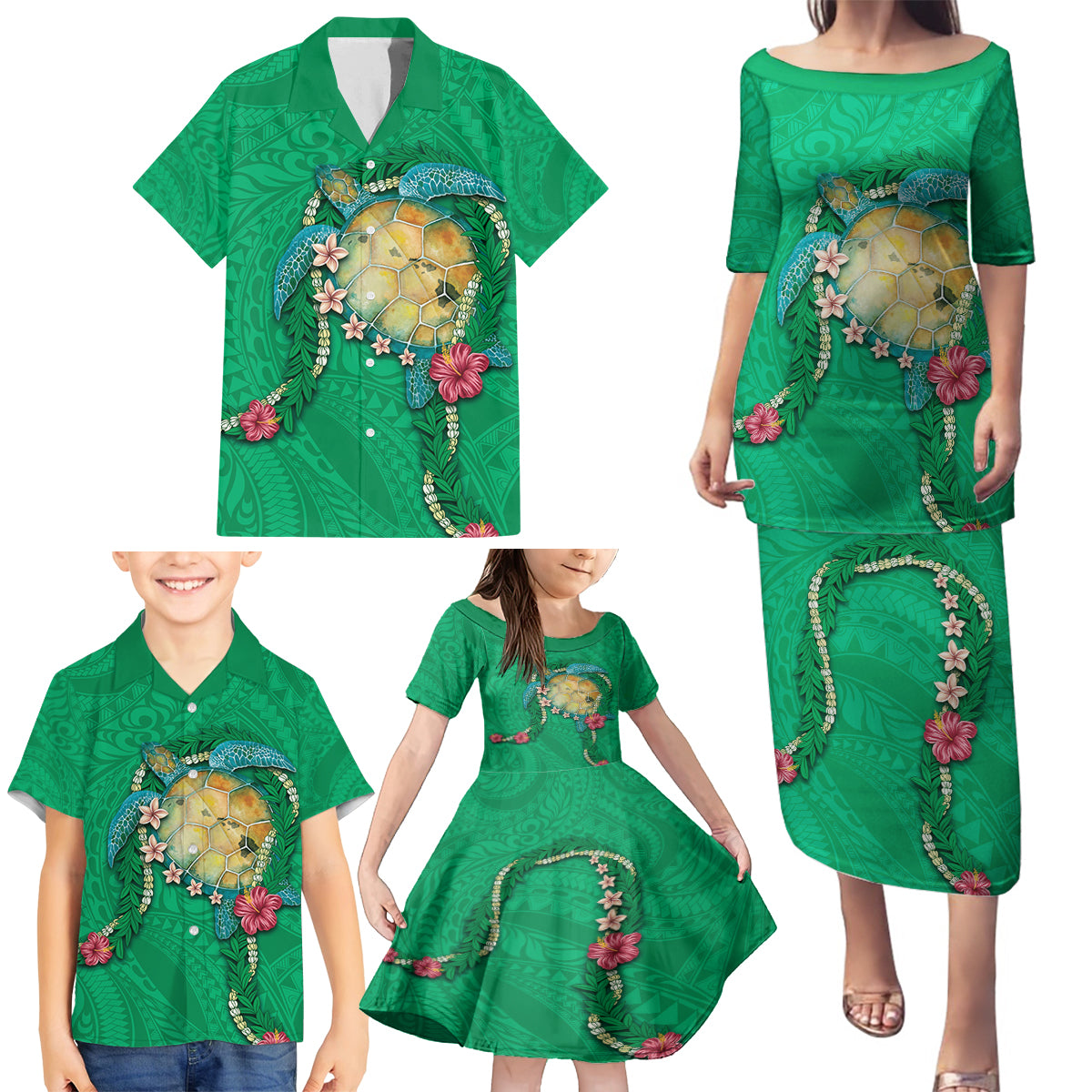 Hawaii Pikake and Maile Lei Family Matching Puletasi and Hawaiian Shirt Honu Polynesian Pattern Green Color LT03 - Polynesian Pride