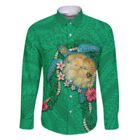 Hawaii Pikake and Maile Lei Family Matching Short Sleeve Bodycon Dress and Hawaiian Shirt Honu Polynesian Pattern Green Color