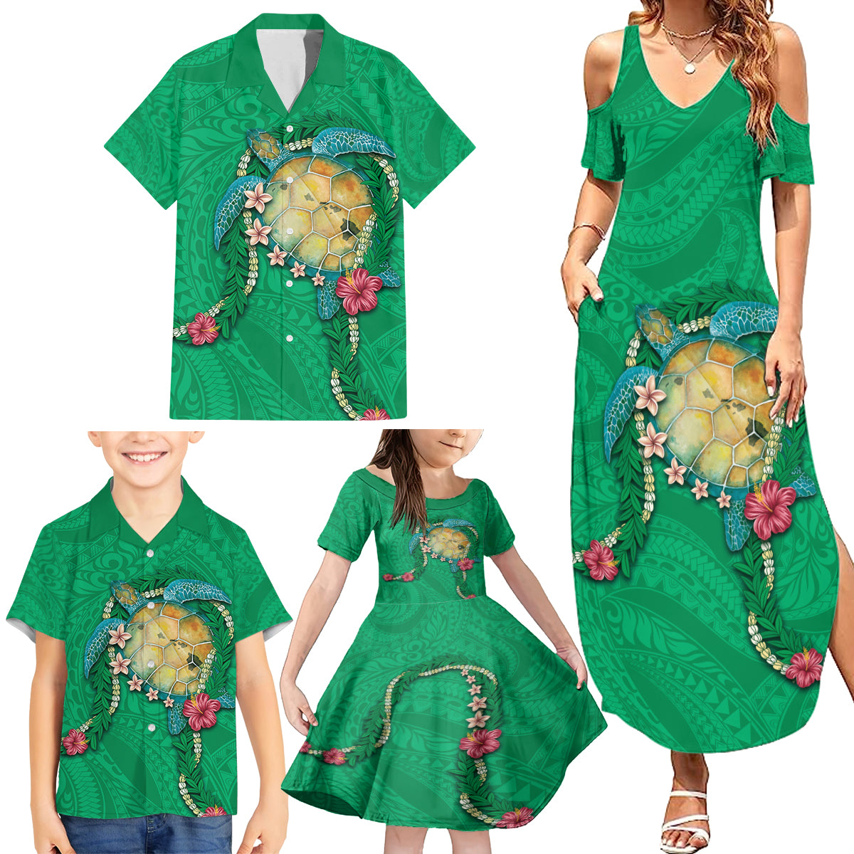 Hawaii Pikake and Maile Lei Family Matching Summer Maxi Dress and Hawaiian Shirt Honu Polynesian Pattern Green Color LT03 - Polynesian Pride
