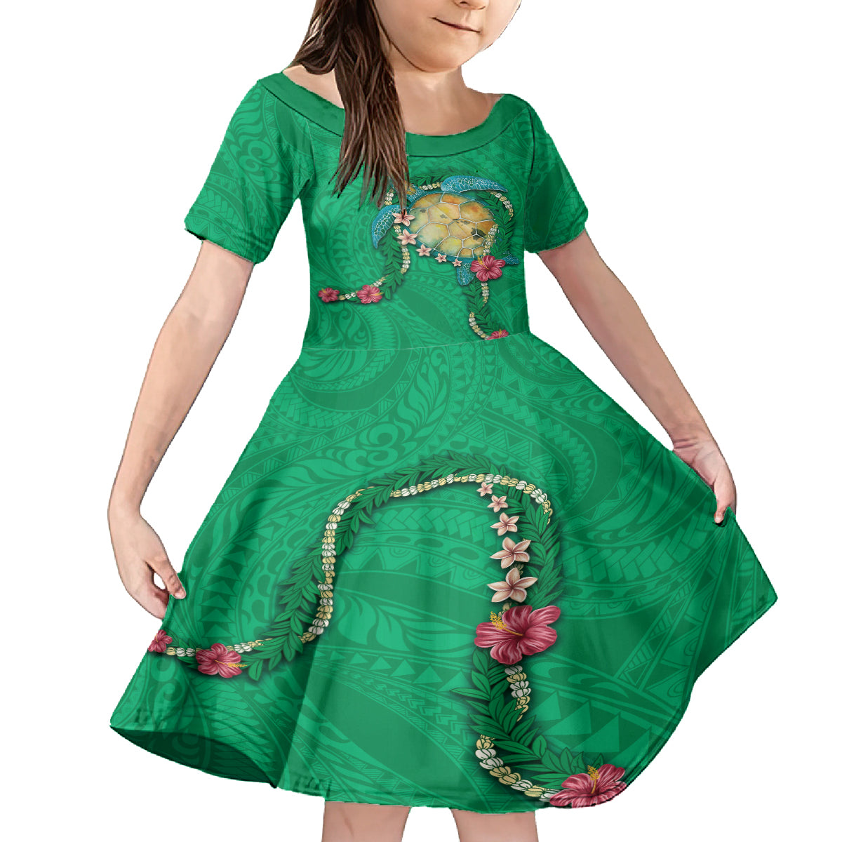 Hawaii Pikake and Maile Lei Family Matching Tank Maxi Dress and Hawaiian Shirt Honu Polynesian Pattern Green Color