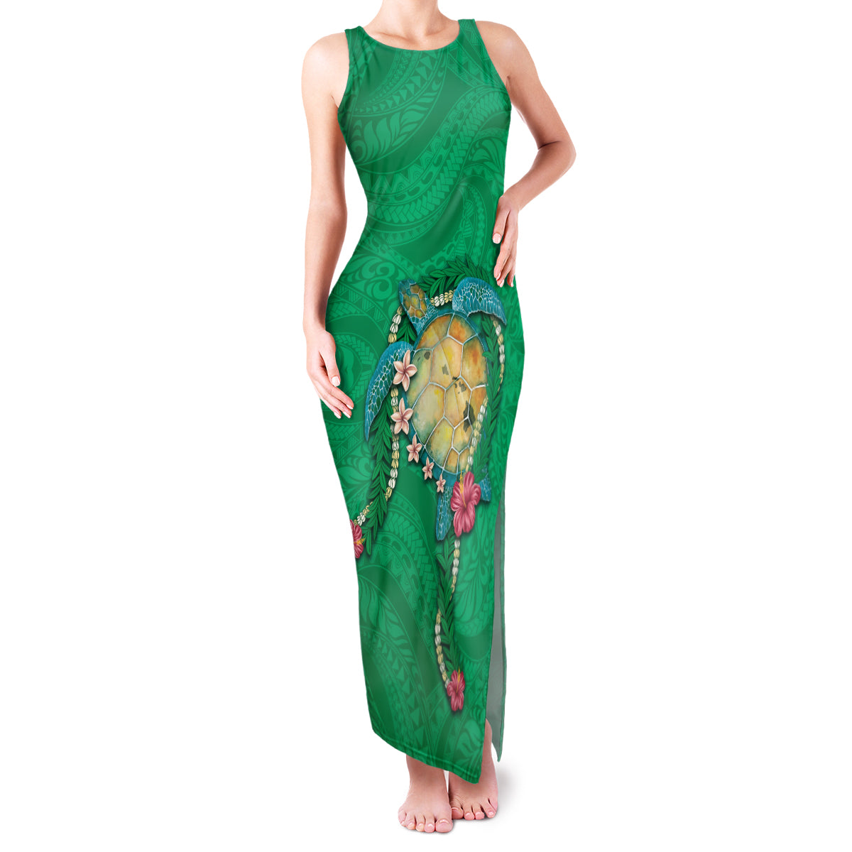 Hawaii Pikake and Maile Lei Family Matching Tank Maxi Dress and Hawaiian Shirt Honu Polynesian Pattern Green Color