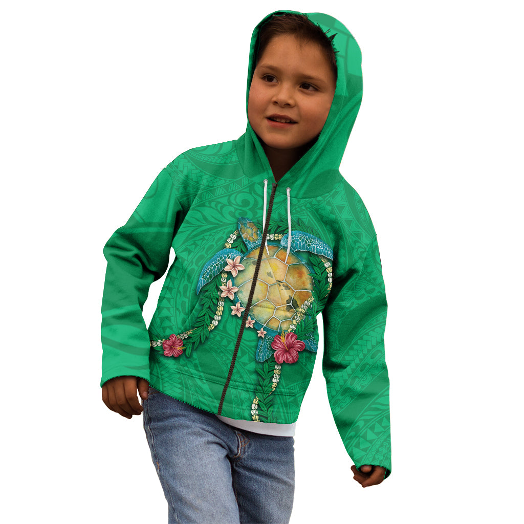Hawaii Pikake and Maile Lei Kid Hoodie Honu Polynesian Pattern Green Color