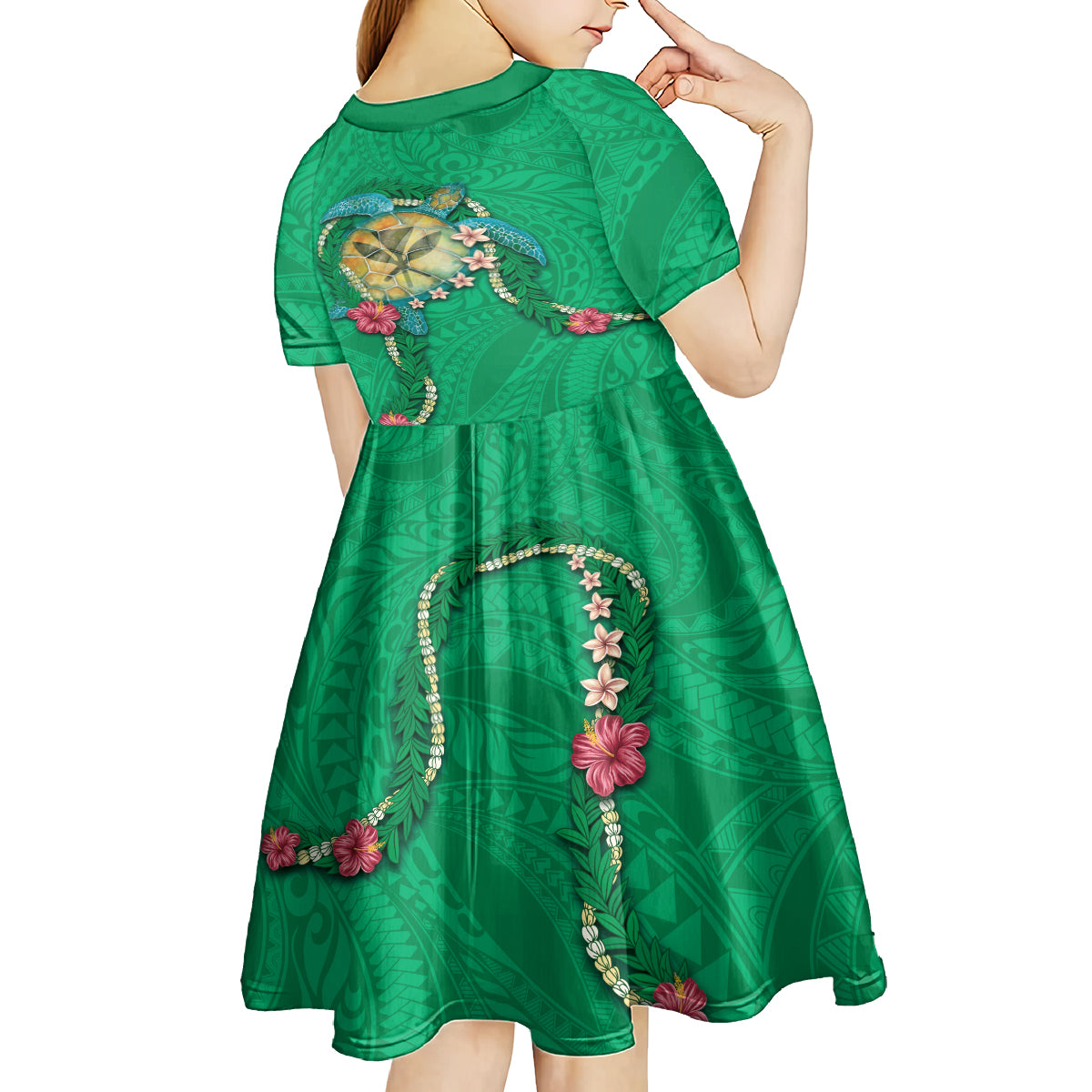 Hawaii Pikake and Maile Lei Kid Short Sleeve Dress Honu Polynesian Pattern Green Color LT03 - Polynesian Pride
