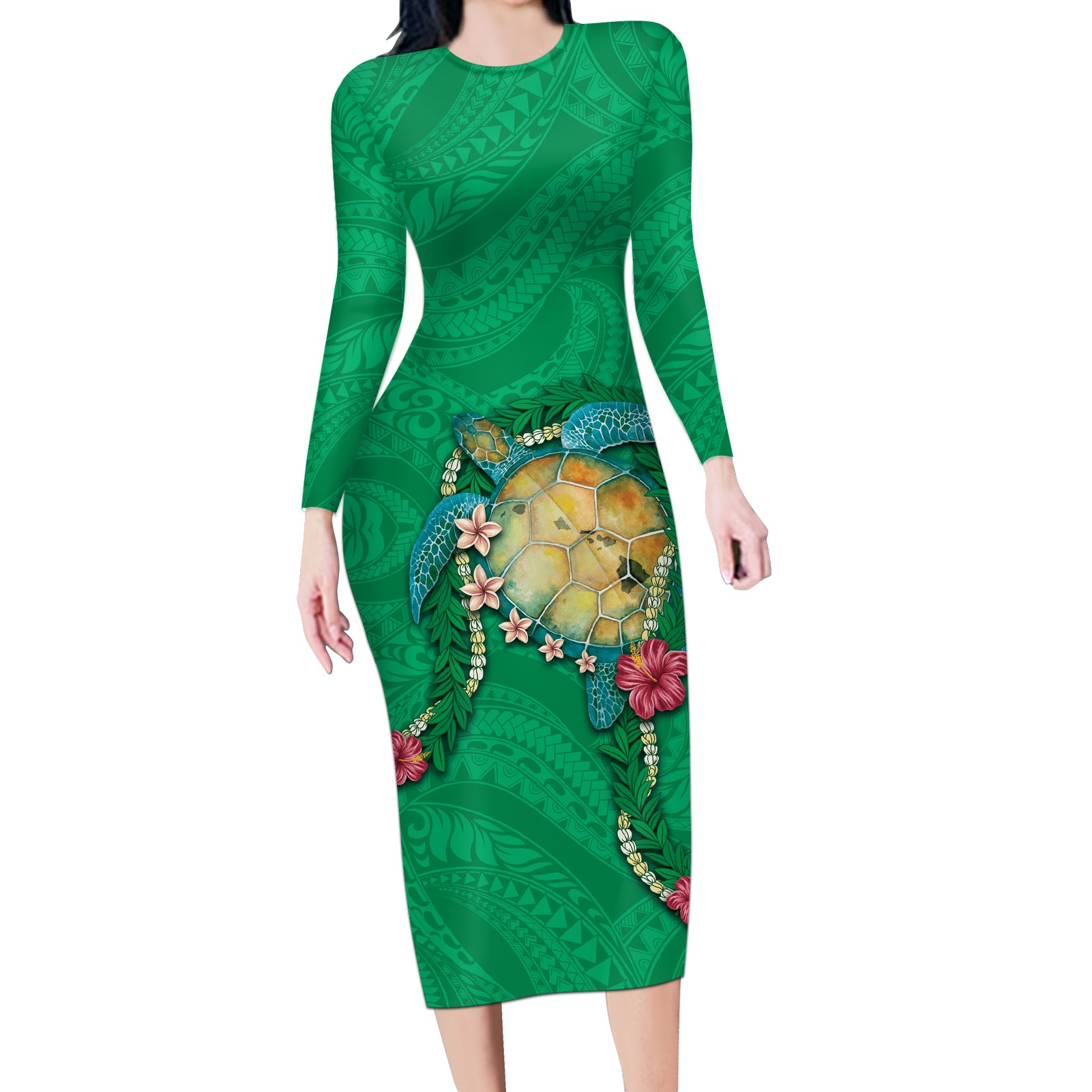 Hawaii Pikake and Maile Lei Long Sleeve Bodycon Dress Honu Polynesian Pattern Green Color