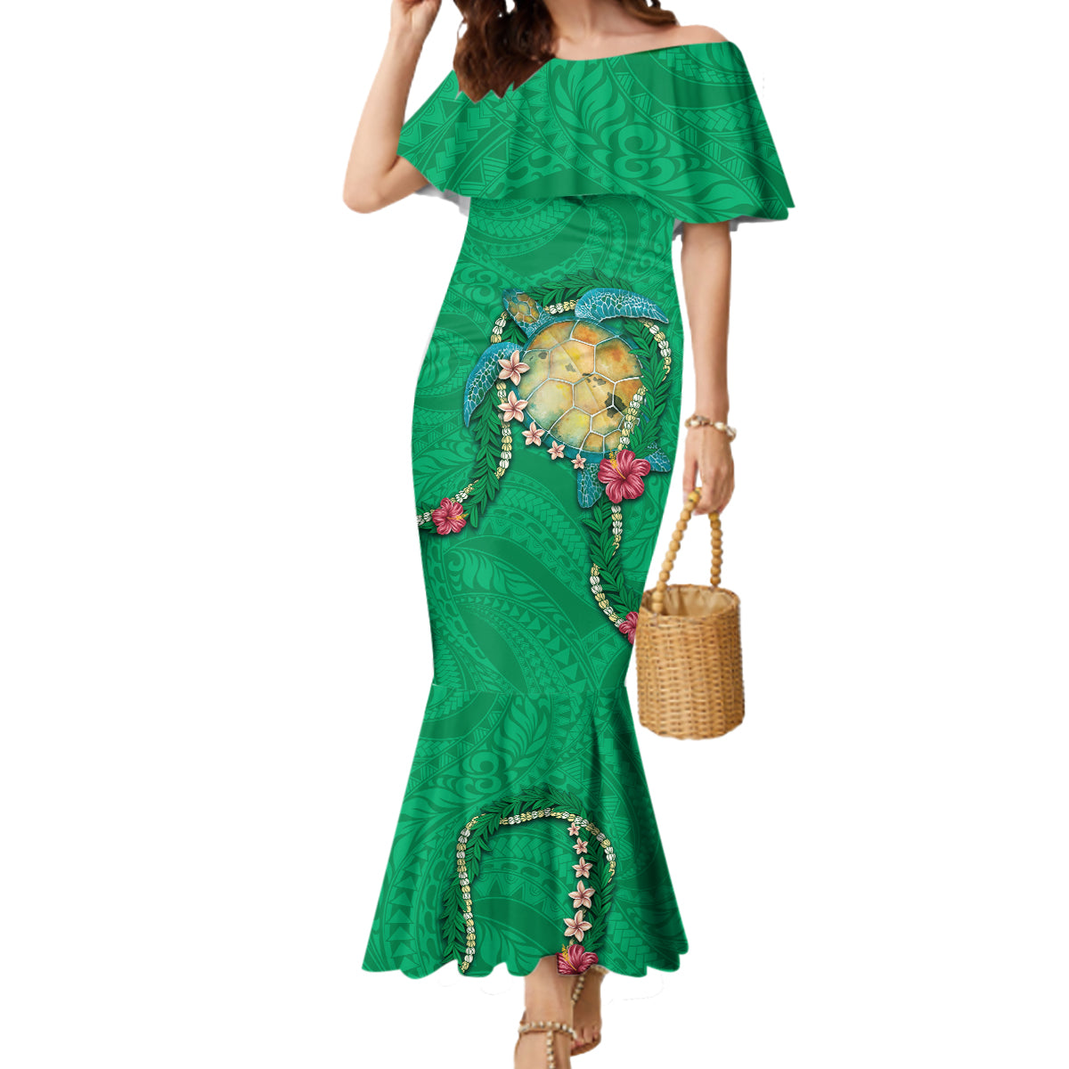 Hawaii Pikake and Maile Lei Mermaid Dress Honu Polynesian Pattern Green Color