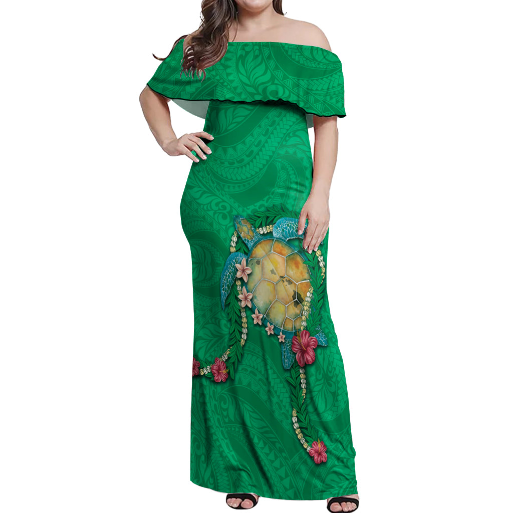 Hawaii Pikake and Maile Lei Off Shoulder Maxi Dress Honu Polynesian Pattern Green Color LT03 Women Green - Polynesian Pride