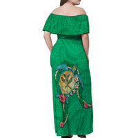 Hawaii Pikake and Maile Lei Off Shoulder Maxi Dress Honu Polynesian Pattern Green Color LT03 - Polynesian Pride
