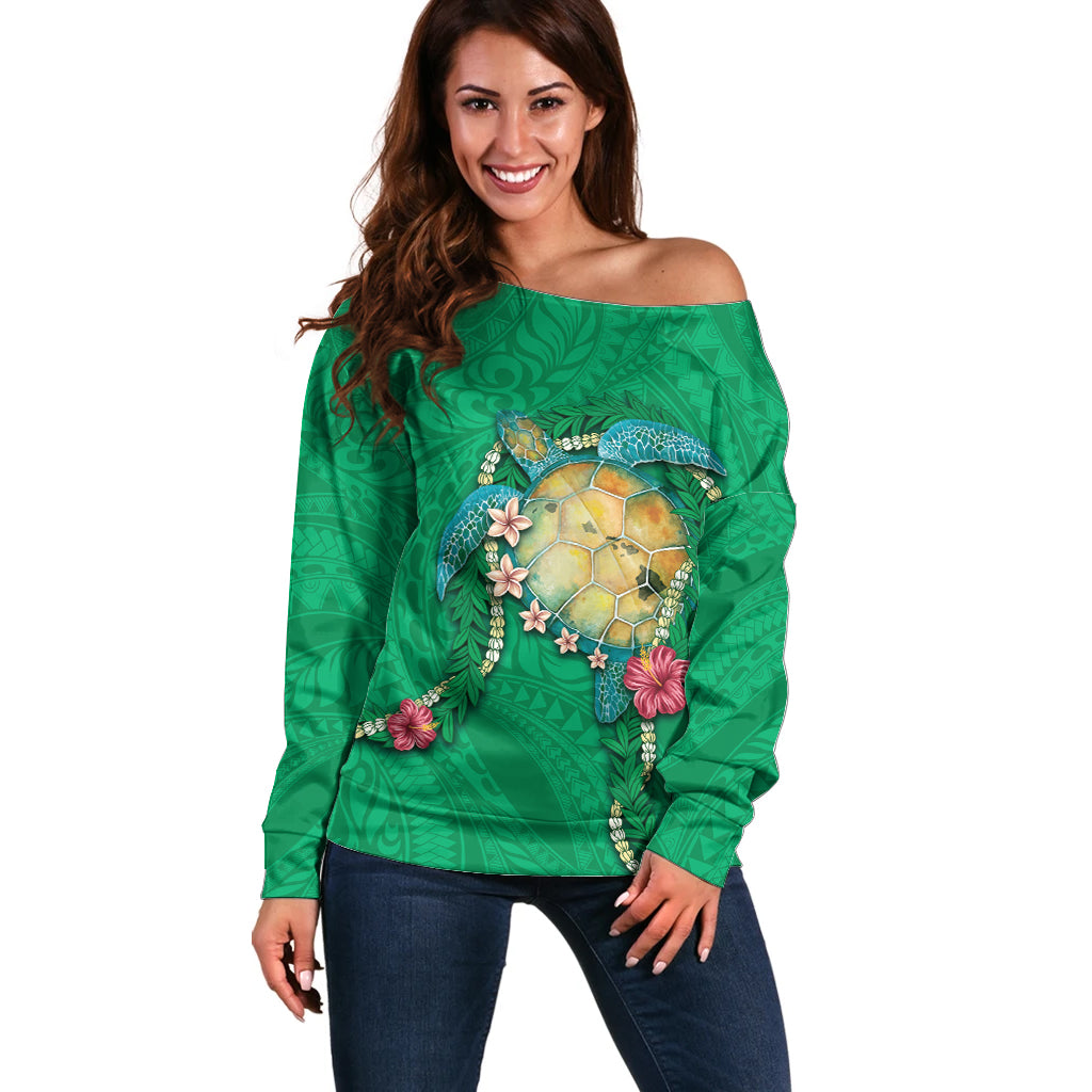 Hawaii Pikake and Maile Lei Off Shoulder Sweater Honu Polynesian Pattern Green Color