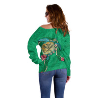 Hawaii Pikake and Maile Lei Off Shoulder Sweater Honu Polynesian Pattern Green Color