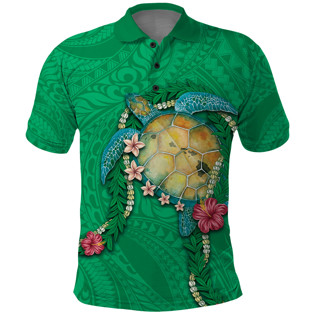 Hawaii Pikake and Maile Lei Polo Shirt Honu Polynesian Pattern Green Color