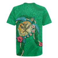 Hawaii Pikake and Maile Lei Rugby Jersey Honu Polynesian Pattern Green Color