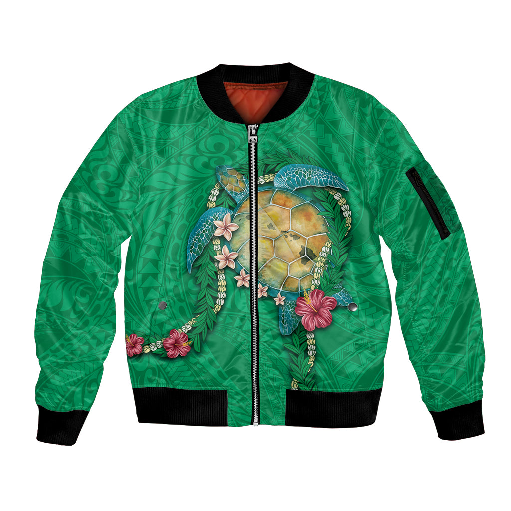 Hawaii Pikake and Maile Lei Sleeve Zip Bomber Jacket Honu Polynesian Pattern Green Color LT03 Unisex Green - Polynesian Pride