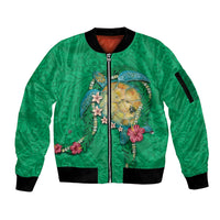 Hawaii Pikake and Maile Lei Sleeve Zip Bomber Jacket Honu Polynesian Pattern Green Color LT03 Unisex Green - Polynesian Pride