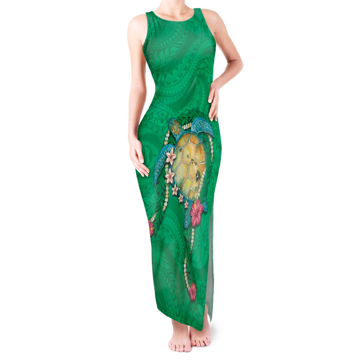 Hawaii Pikake and Maile Lei Tank Maxi Dress Honu Polynesian Pattern Green Color LT03 Women Green - Polynesian Pride