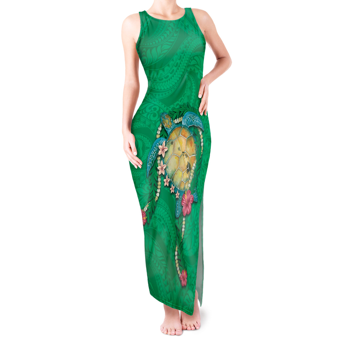 Hawaii Pikake and Maile Lei Tank Maxi Dress Honu Polynesian Pattern Green Color