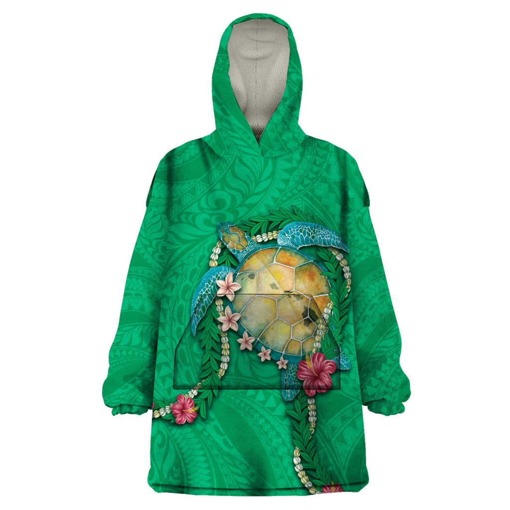 Hawaii Pikake and Maile Lei Wearable Blanket Hoodie Honu Polynesian Pattern Green Color