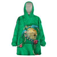 Hawaii Pikake and Maile Lei Wearable Blanket Hoodie Honu Polynesian Pattern Green Color LT03 One Size Green - Polynesian Pride