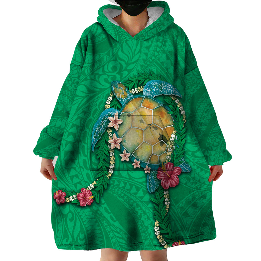 Hawaii Pikake and Maile Lei Wearable Blanket Hoodie Honu Polynesian Pattern Green Color LT03 - Polynesian Pride