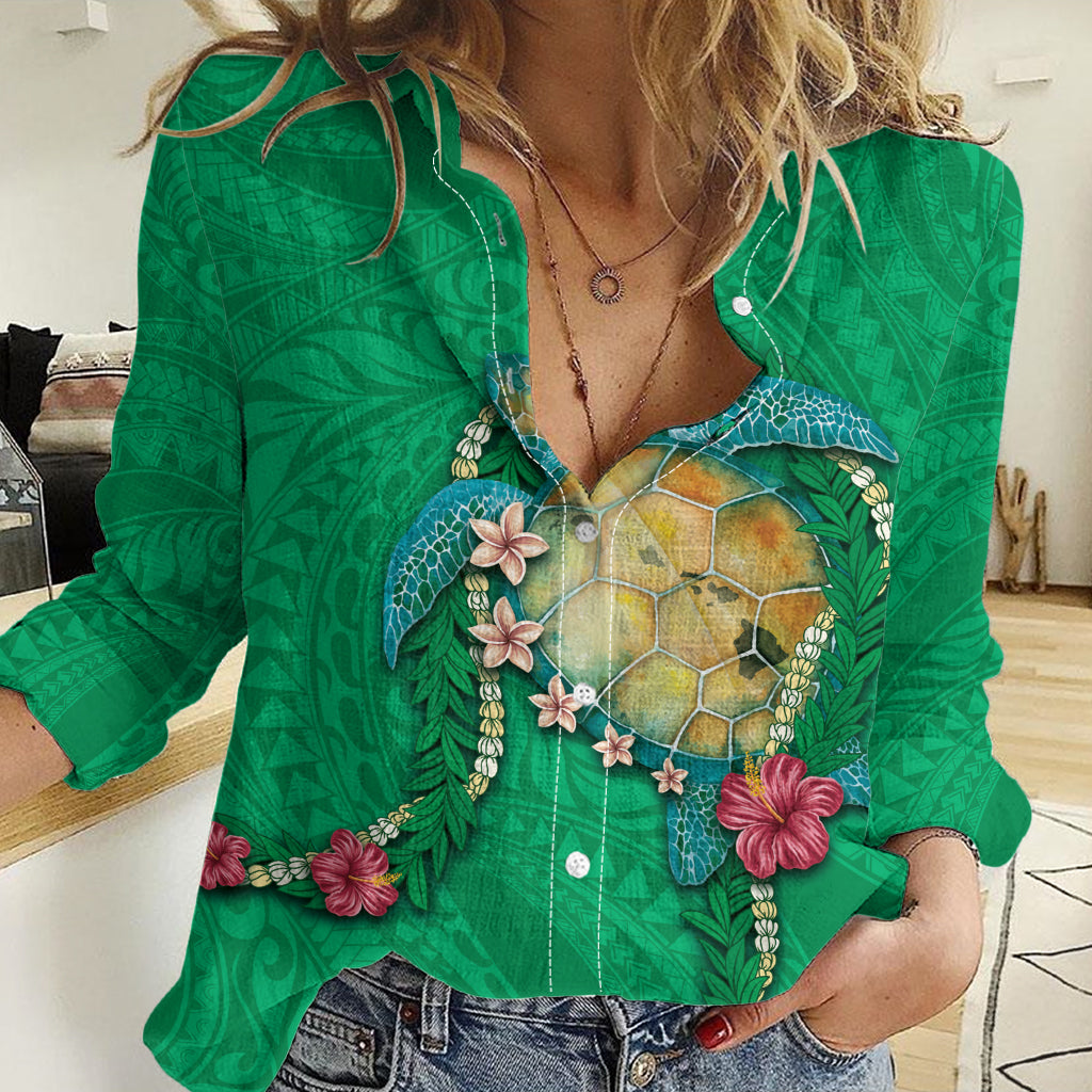 Hawaii Pikake and Maile Lei Women Casual Shirt Honu Polynesian Pattern Green Color