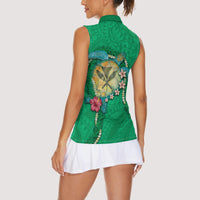 Hawaii Pikake and Maile Lei Women Sleeveless Polo Shirt Honu Polynesian Pattern Green Color