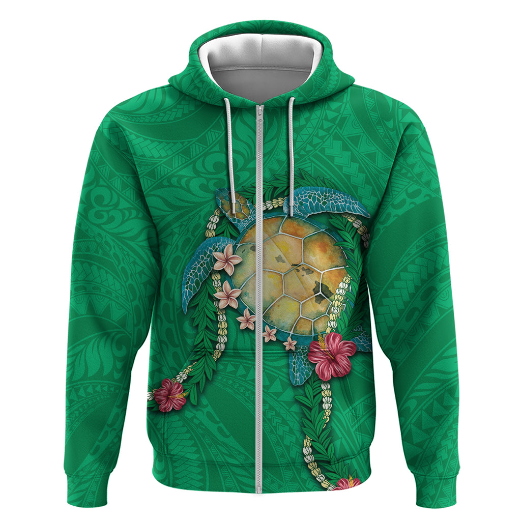 Hawaii Pikake and Maile Lei Zip Hoodie Honu Polynesian Pattern Green Color
