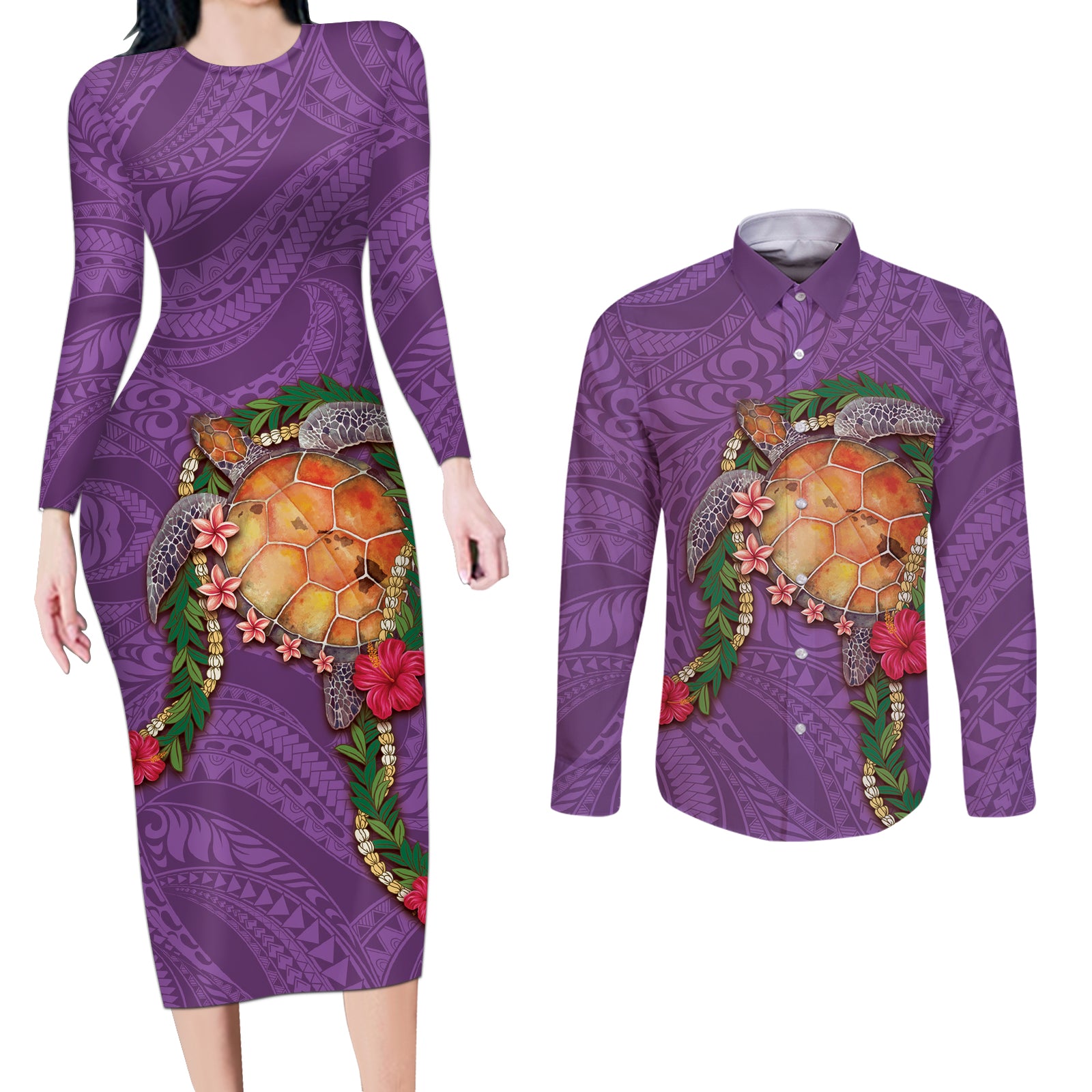 Hawaii Pikake and Maile Lei Couples Matching Long Sleeve Bodycon Dress and Long Sleeve Button Shirt Honu Polynesian Pattern Pink Color LT03 Pink - Polynesian Pride
