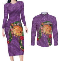 Hawaii Pikake and Maile Lei Couples Matching Long Sleeve Bodycon Dress and Long Sleeve Button Shirt Honu Polynesian Pattern Pink Color LT03 Pink - Polynesian Pride