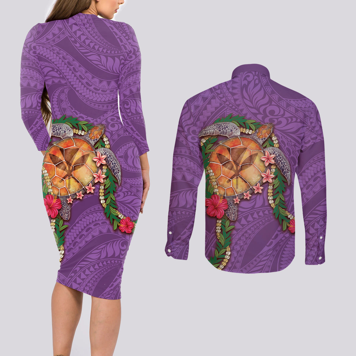 Hawaii Pikake and Maile Lei Couples Matching Long Sleeve Bodycon Dress and Long Sleeve Button Shirt Honu Polynesian Pattern Pink Color LT03 - Polynesian Pride
