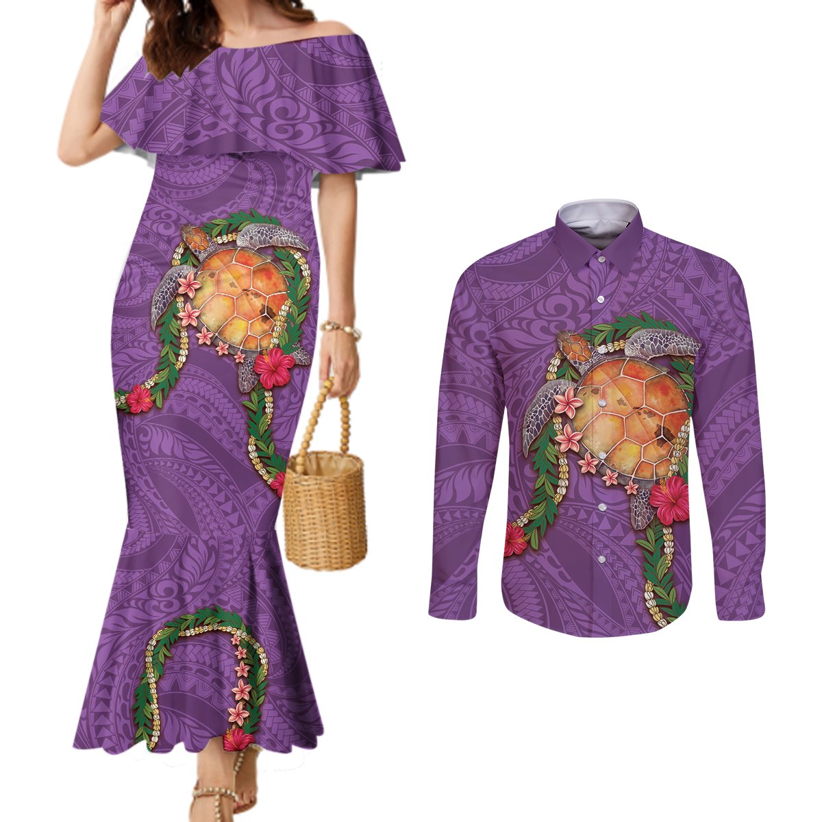 Hawaii Pikake and Maile Lei Couples Matching Mermaid Dress and Long Sleeve Button Shirt Honu Polynesian Pattern Pink Color