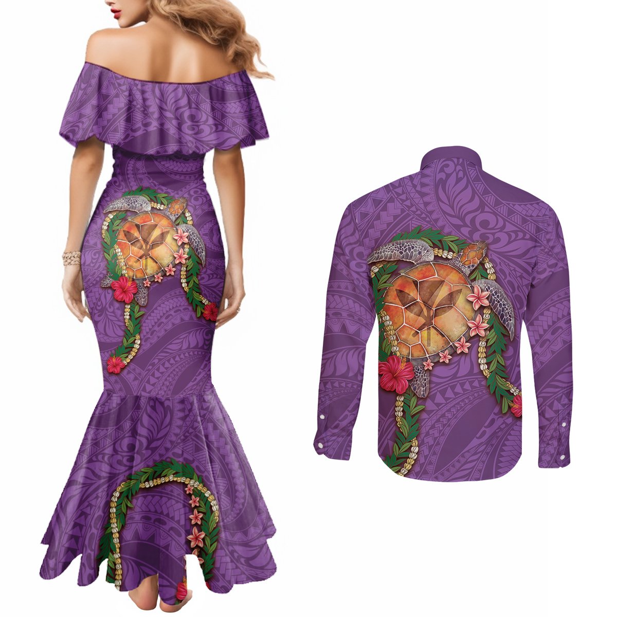 Hawaii Pikake and Maile Lei Couples Matching Mermaid Dress and Long Sleeve Button Shirt Honu Polynesian Pattern Pink Color
