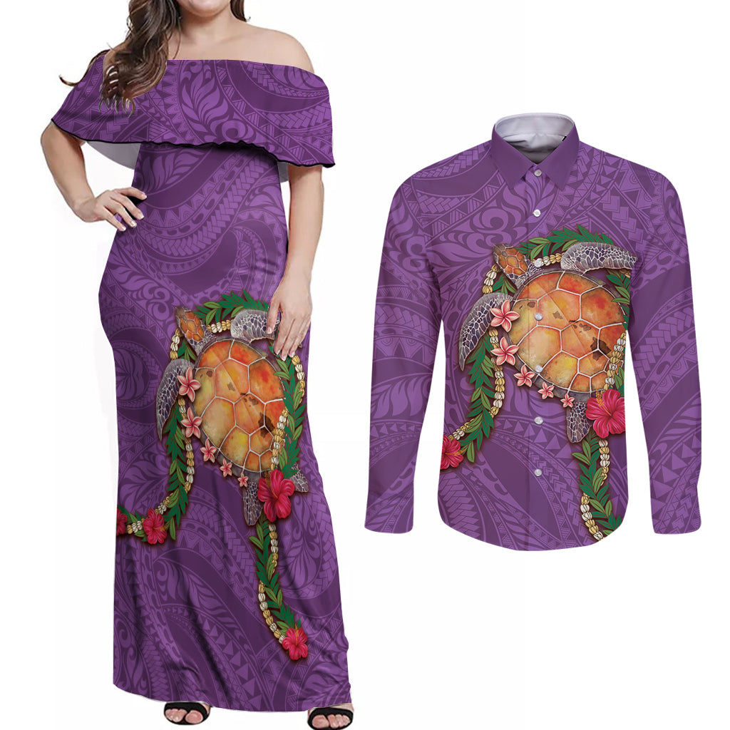 Hawaii Pikake and Maile Lei Couples Matching Off Shoulder Maxi Dress and Long Sleeve Button Shirt Honu Polynesian Pattern Pink Color LT03 Pink - Polynesian Pride