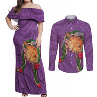 Hawaii Pikake and Maile Lei Couples Matching Off Shoulder Maxi Dress and Long Sleeve Button Shirt Honu Polynesian Pattern Pink Color LT03 Pink - Polynesian Pride