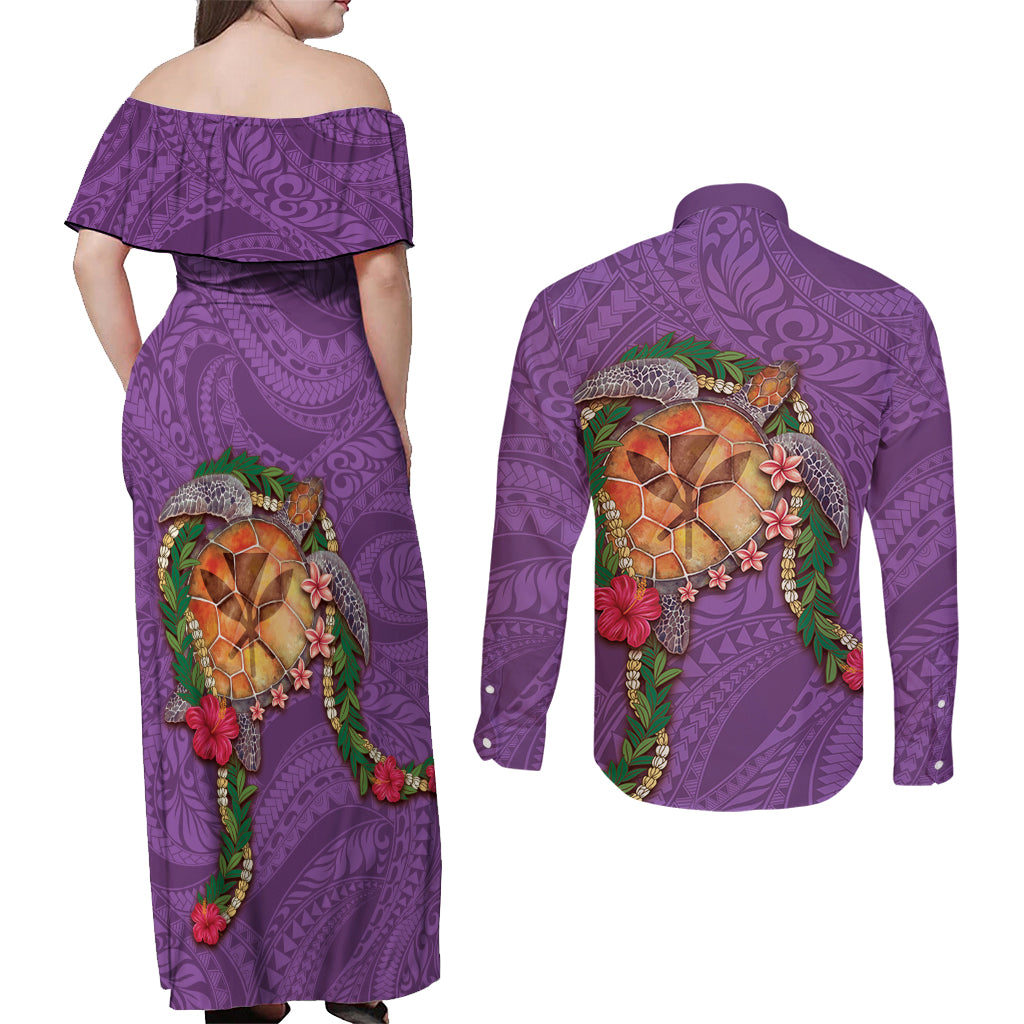 Hawaii Pikake and Maile Lei Couples Matching Off Shoulder Maxi Dress and Long Sleeve Button Shirt Honu Polynesian Pattern Pink Color LT03 - Polynesian Pride