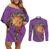 Hawaii Pikake and Maile Lei Couples Matching Off Shoulder Short Dress and Long Sleeve Button Shirt Honu Polynesian Pattern Pink Color LT03 Pink - Polynesian Pride