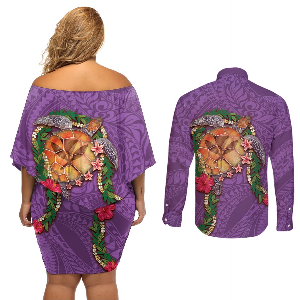 Hawaii Pikake and Maile Lei Couples Matching Off Shoulder Short Dress and Long Sleeve Button Shirt Honu Polynesian Pattern Pink Color LT03 - Polynesian Pride