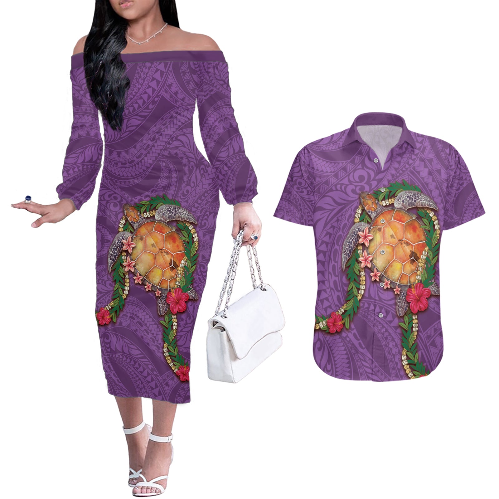 Hawaii Pikake and Maile Lei Couples Matching Off The Shoulder Long Sleeve Dress and Hawaiian Shirt Honu Polynesian Pattern Pink Color LT03 Pink - Polynesian Pride