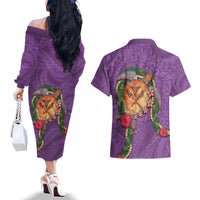 Hawaii Pikake and Maile Lei Couples Matching Off The Shoulder Long Sleeve Dress and Hawaiian Shirt Honu Polynesian Pattern Pink Color LT03 - Polynesian Pride