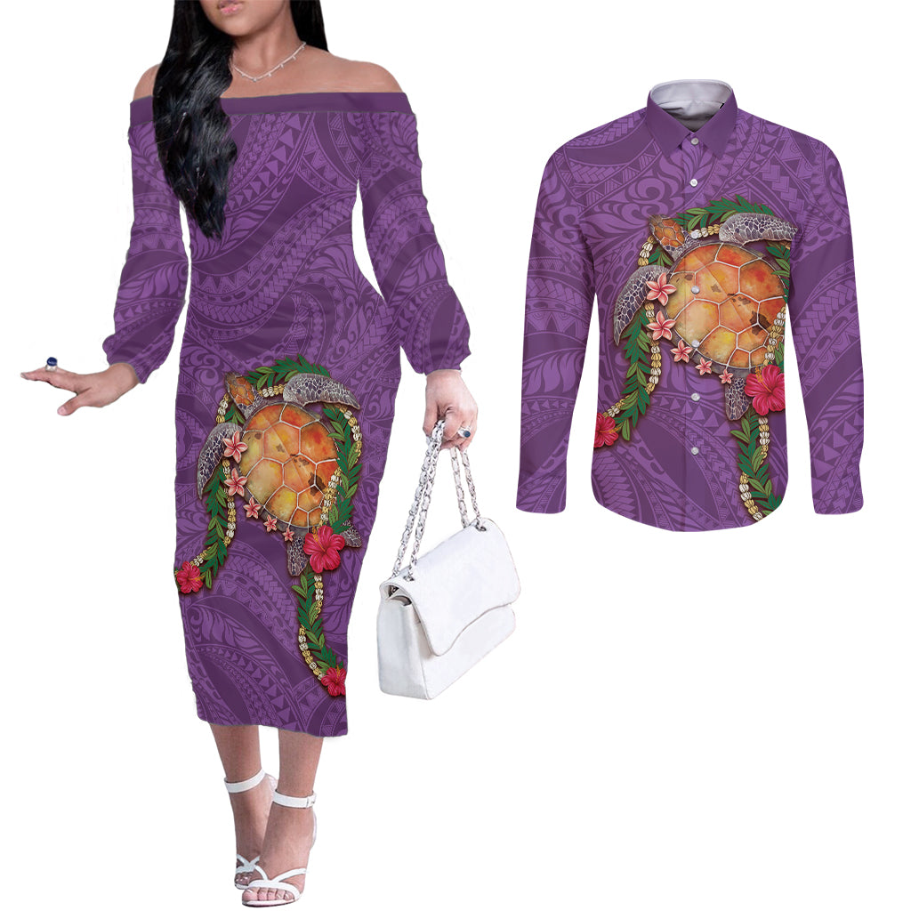 Hawaii Pikake and Maile Lei Couples Matching Off The Shoulder Long Sleeve Dress and Long Sleeve Button Shirt Honu Polynesian Pattern Pink Color LT03 Pink - Polynesian Pride