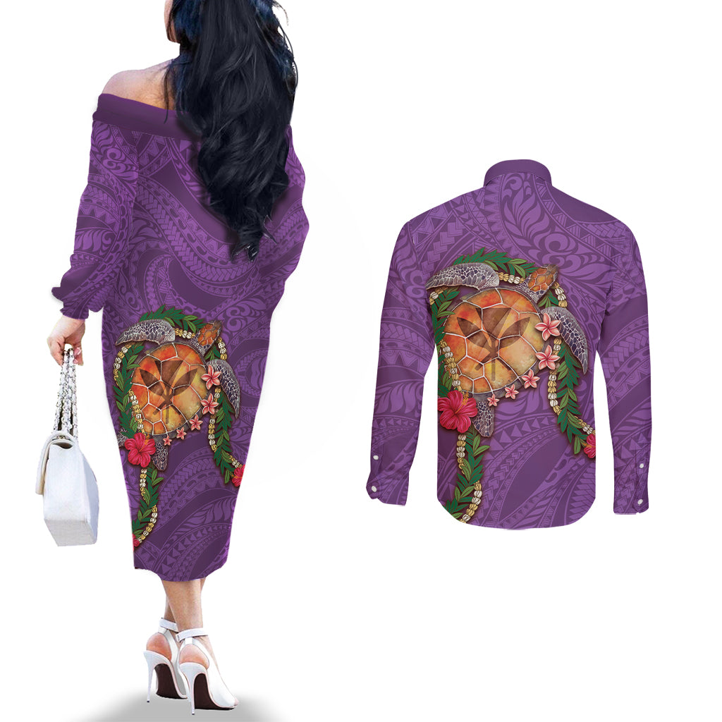 Hawaii Pikake and Maile Lei Couples Matching Off The Shoulder Long Sleeve Dress and Long Sleeve Button Shirt Honu Polynesian Pattern Pink Color LT03 - Polynesian Pride