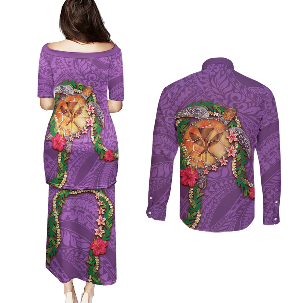 Hawaii Pikake and Maile Lei Couples Matching Puletasi and Long Sleeve Button Shirt Honu Polynesian Pattern Pink Color LT03 - Polynesian Pride
