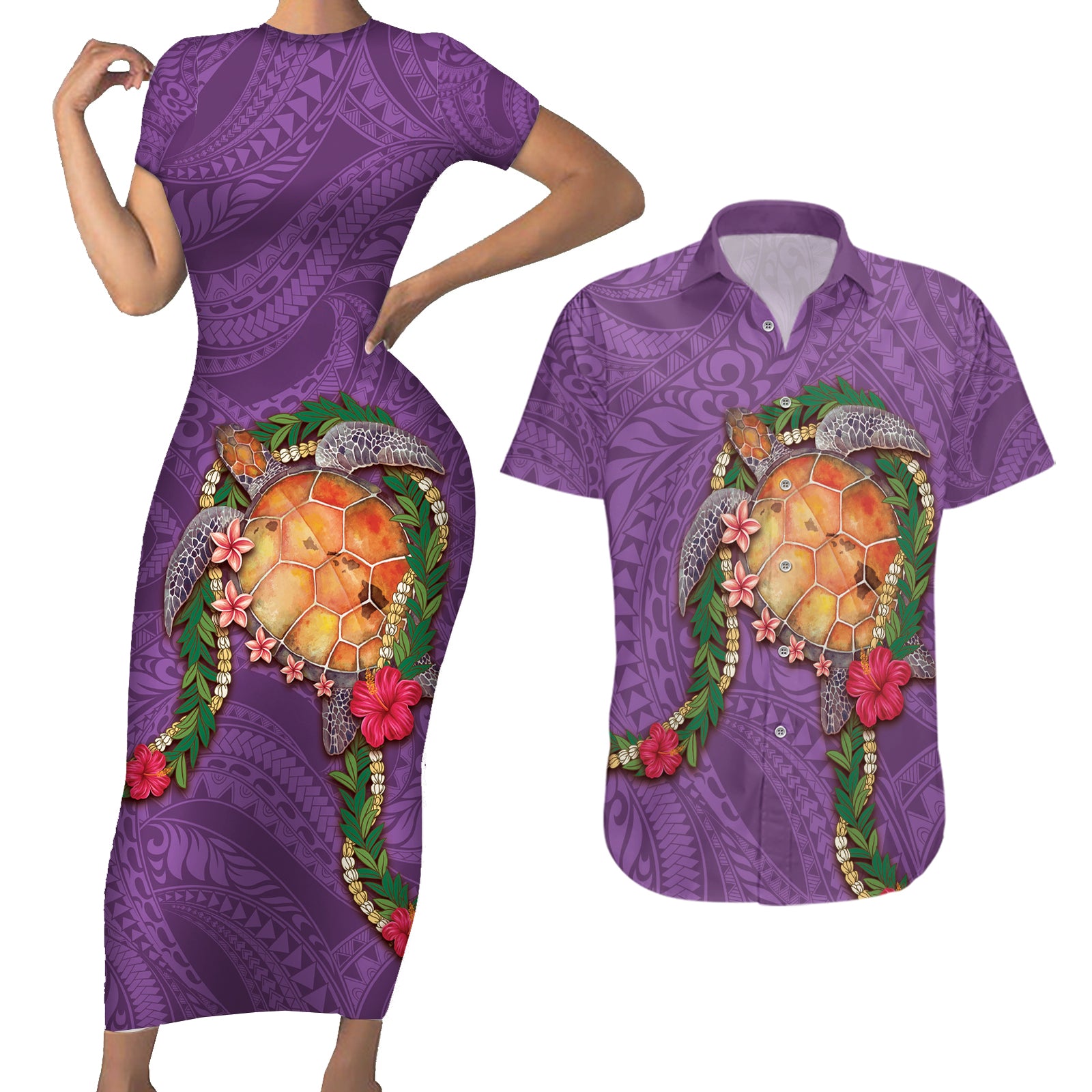 Hawaii Pikake and Maile Lei Couples Matching Short Sleeve Bodycon Dress and Hawaiian Shirt Honu Polynesian Pattern Pink Color LT03 Pink - Polynesian Pride