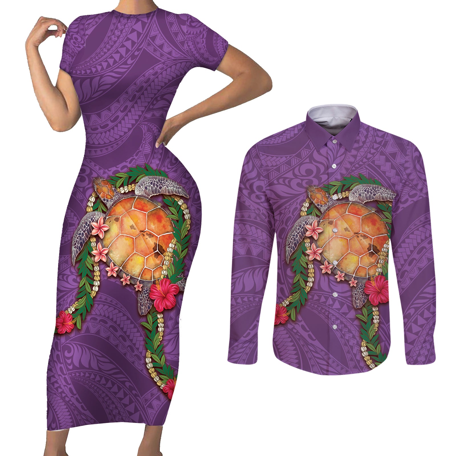 Hawaii Pikake and Maile Lei Couples Matching Short Sleeve Bodycon Dress and Long Sleeve Button Shirt Honu Polynesian Pattern Pink Color LT03 Pink - Polynesian Pride