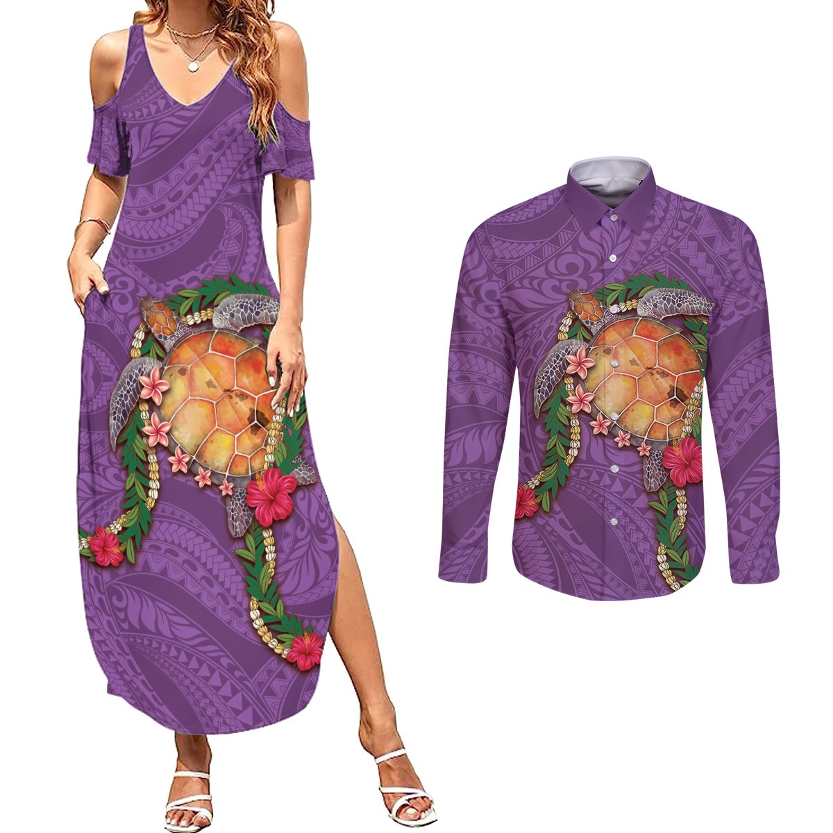 Hawaii Pikake and Maile Lei Couples Matching Summer Maxi Dress and Long Sleeve Button Shirt Honu Polynesian Pattern Pink Color