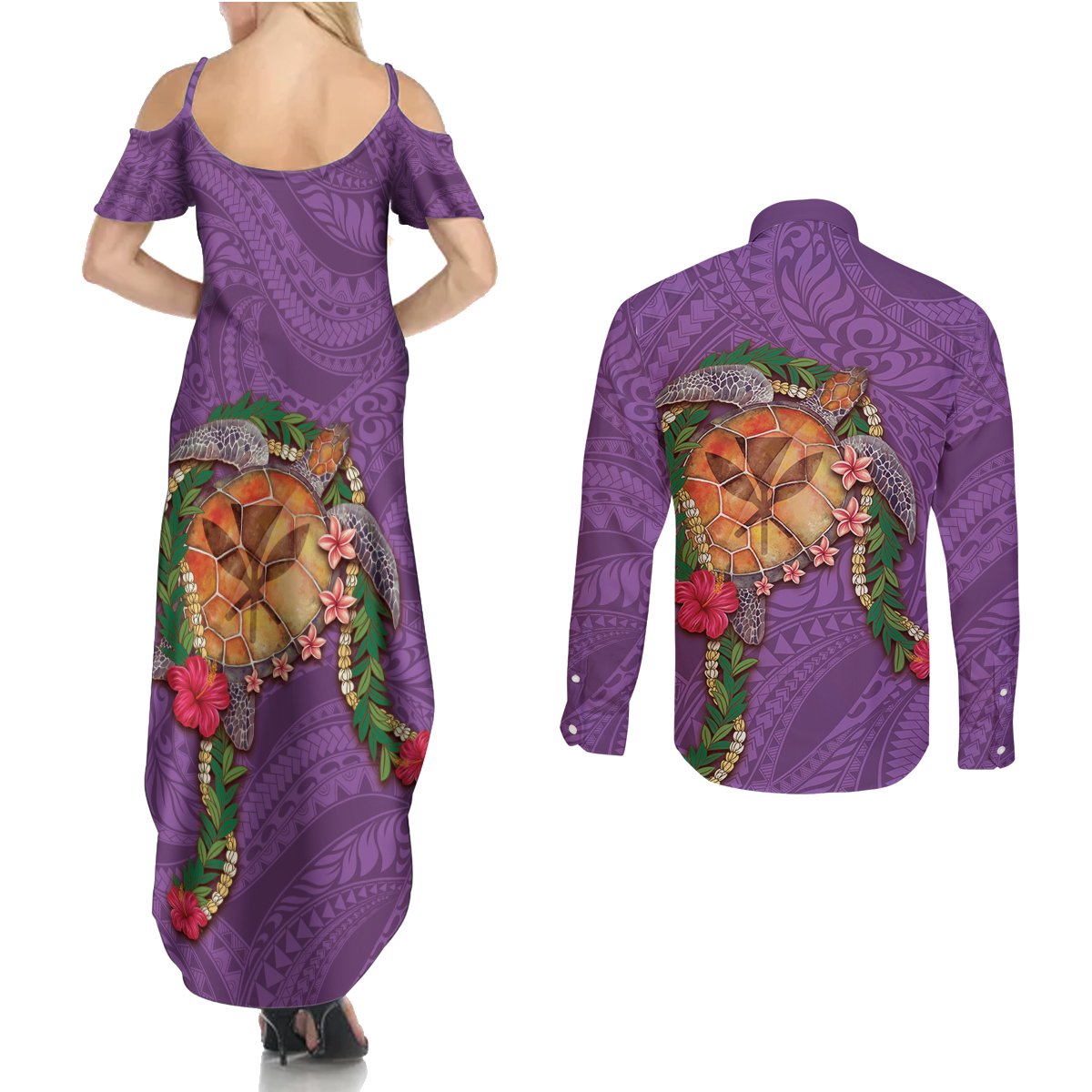 Hawaii Pikake and Maile Lei Couples Matching Summer Maxi Dress and Long Sleeve Button Shirt Honu Polynesian Pattern Pink Color