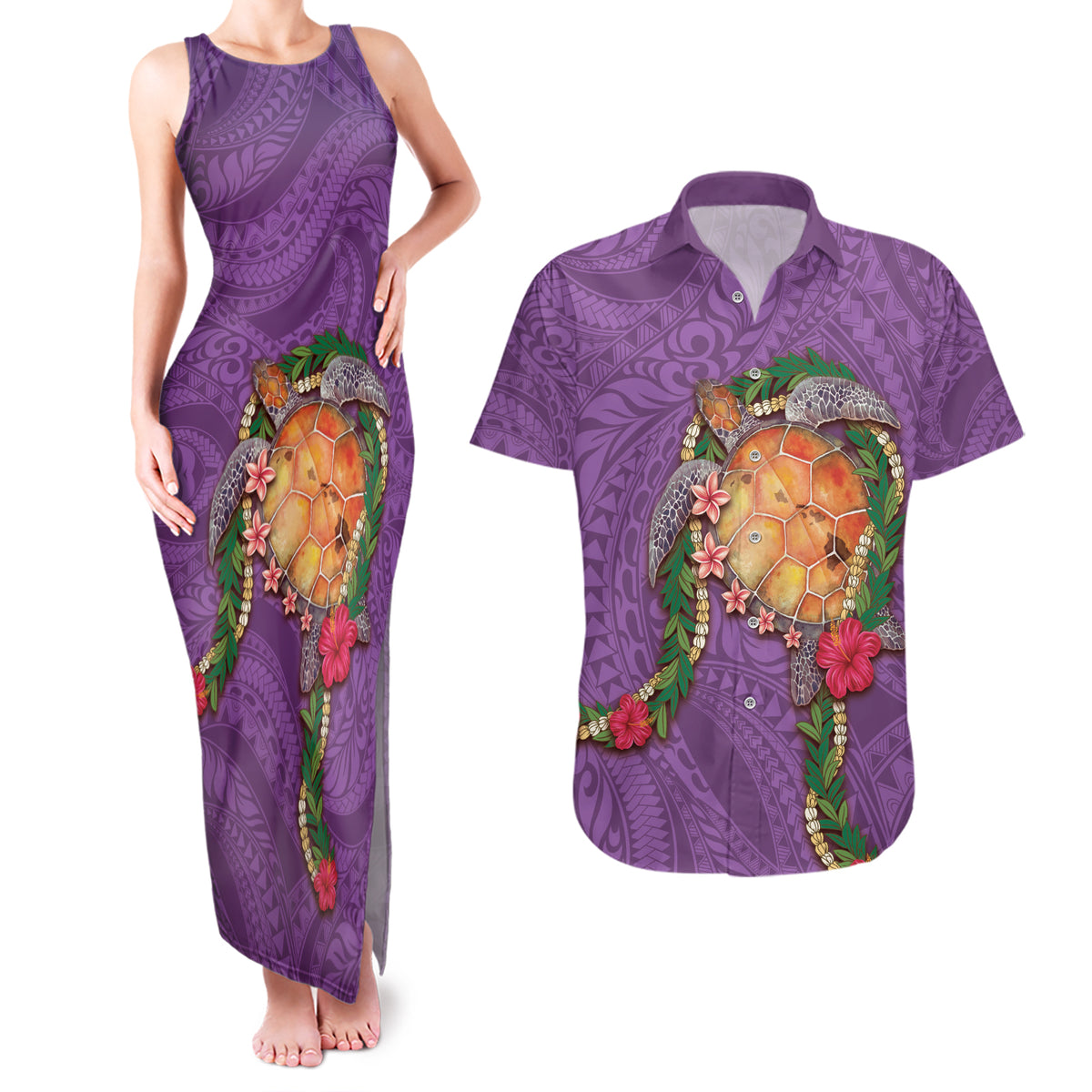 Hawaii Pikake and Maile Lei Couples Matching Tank Maxi Dress and Hawaiian Shirt Honu Polynesian Pattern Pink Color