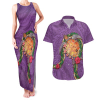 Hawaii Pikake and Maile Lei Couples Matching Tank Maxi Dress and Hawaiian Shirt Honu Polynesian Pattern Pink Color