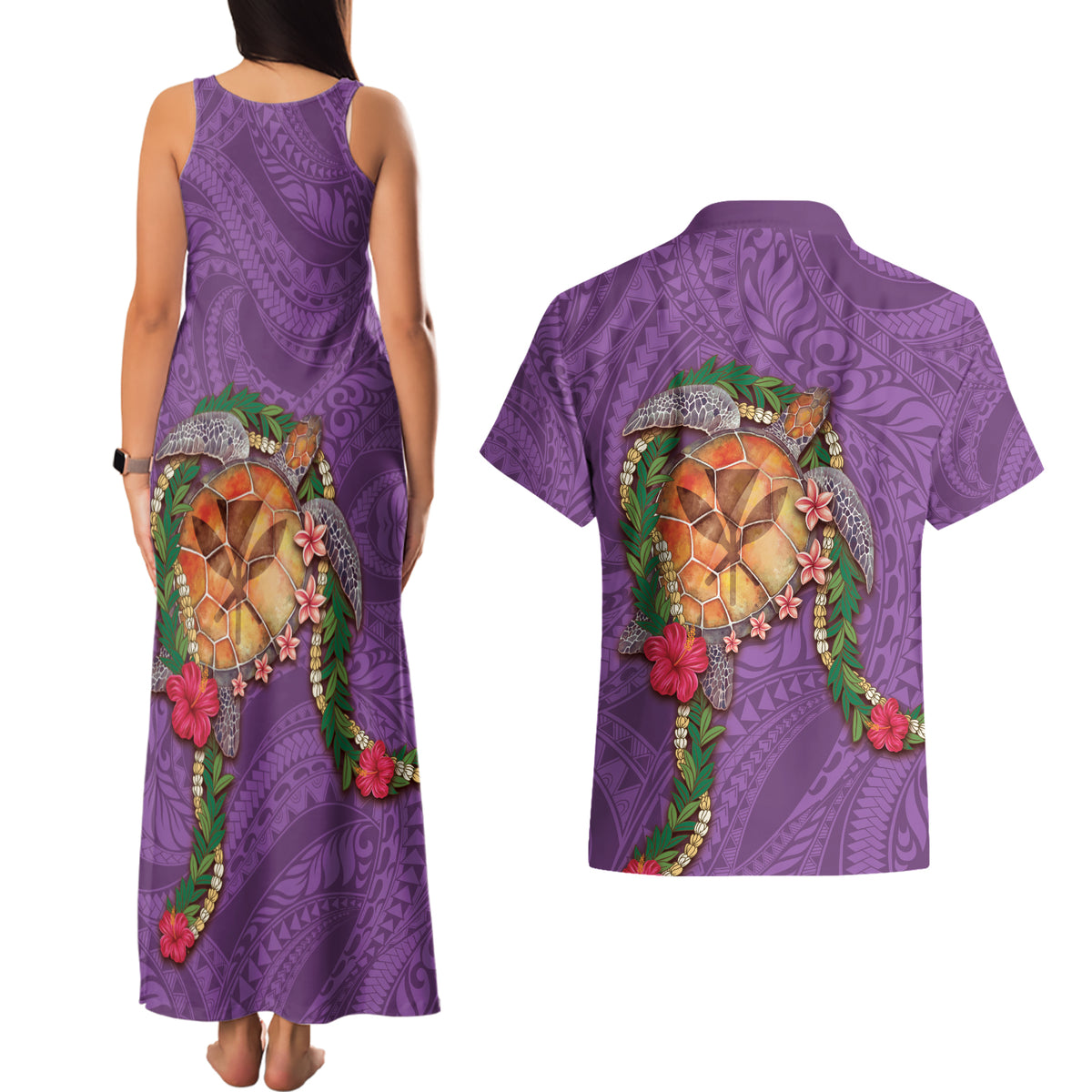 Hawaii Pikake and Maile Lei Couples Matching Tank Maxi Dress and Hawaiian Shirt Honu Polynesian Pattern Pink Color