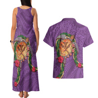Hawaii Pikake and Maile Lei Couples Matching Tank Maxi Dress and Hawaiian Shirt Honu Polynesian Pattern Pink Color